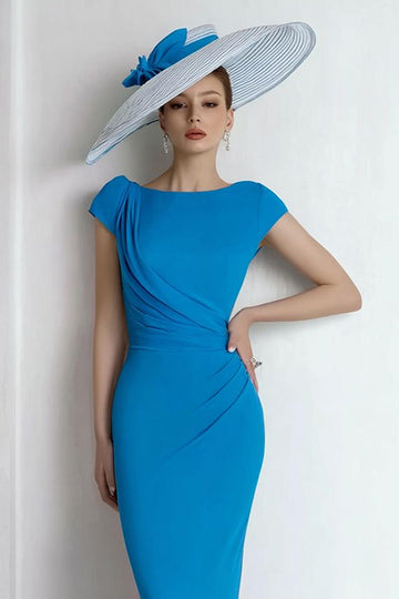 Sheath Chiffon Blue Bateau Mother of the Bride Dress with Cap Sleeves